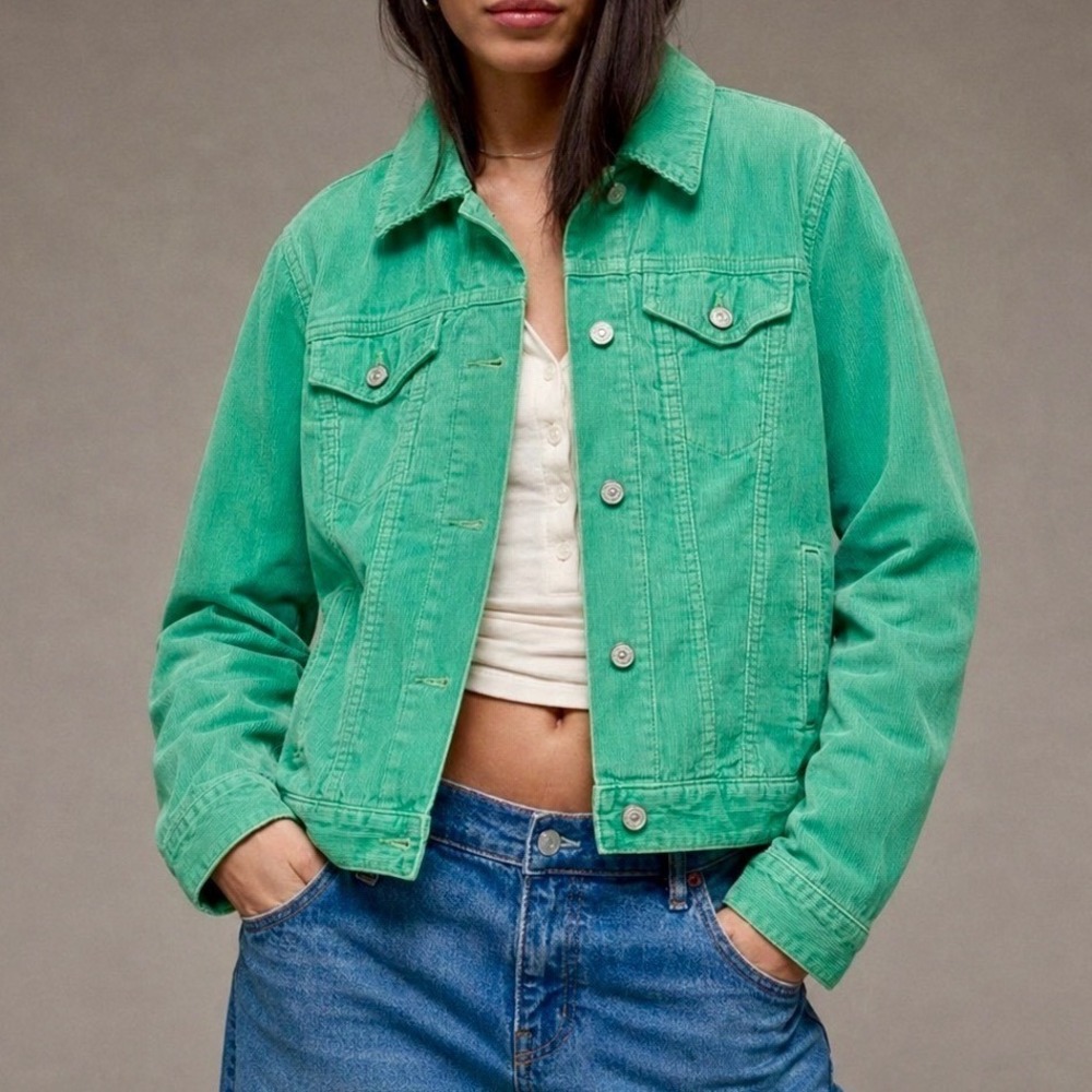 Gap Women's Mint Green Western Corduroy Faux Fur Lined Button Up Jacket